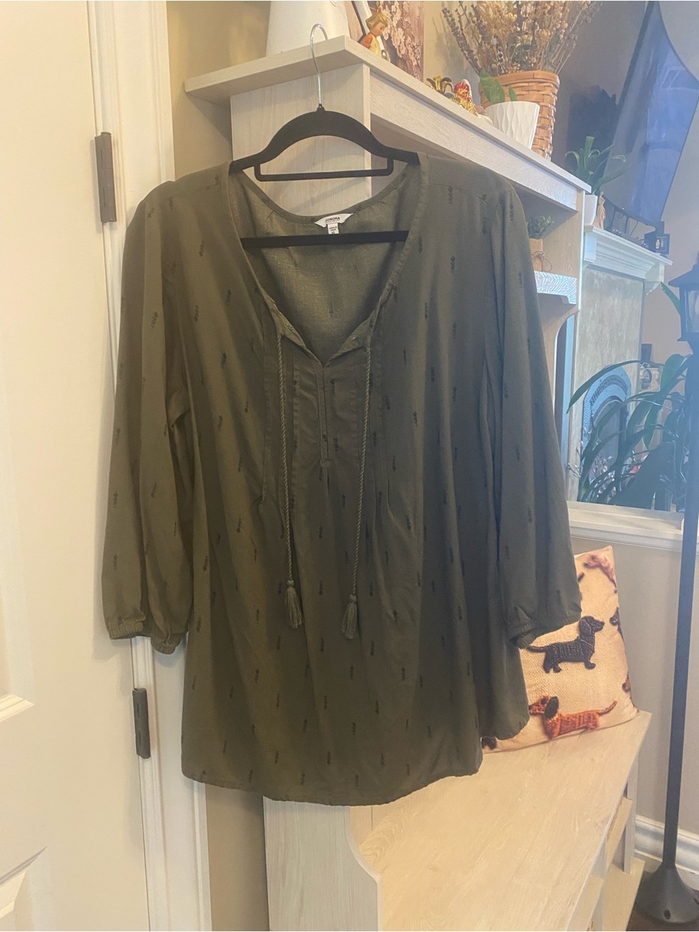 Sonoma Olive Green V-Neck Tassel Tunic Top